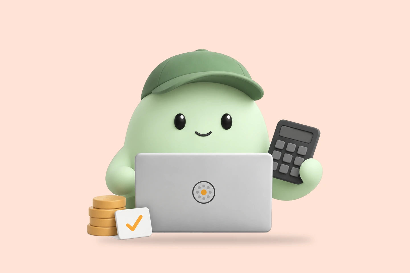 Nora beside a laptop with a coin stack and a card with a check mark