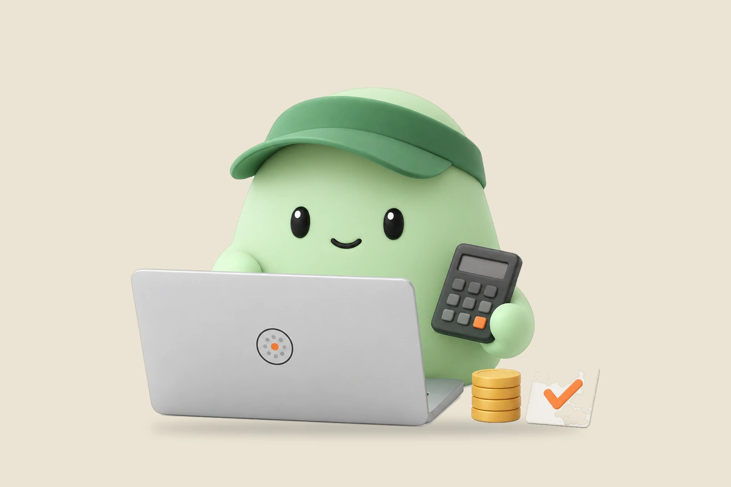 Nora beside a laptop, a stack of coins and a card with a check mark