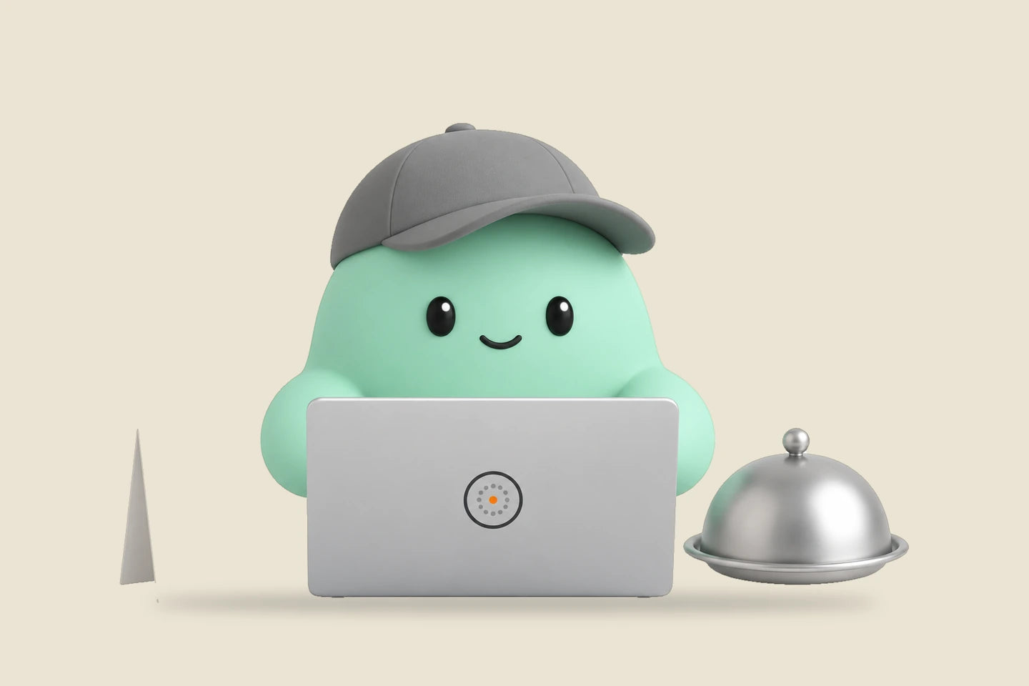 Hank beside a laptop, a small menu card and a covered platter