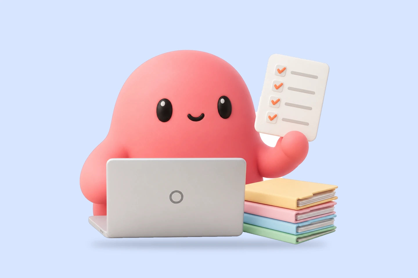 Olivia holds a clipboard with orange check marks beside a laptop