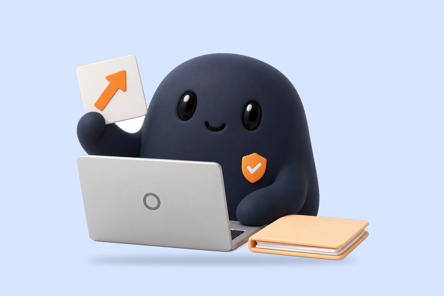 Sam holds a card with an orange arrow beside a laptop and a folder
