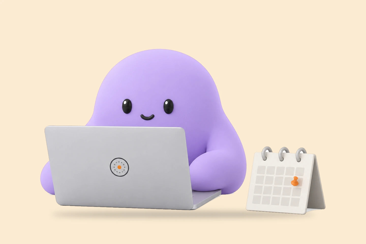 Reggie beside a laptop and a small calendar with one orange pin