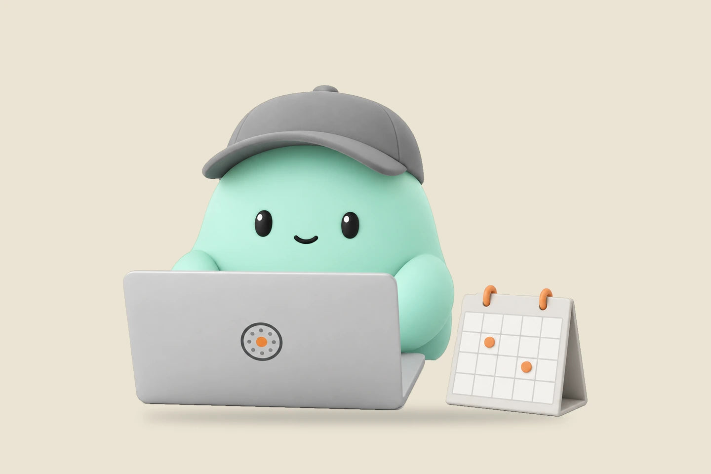Hank beside a laptop and a small calendar with two orange pins