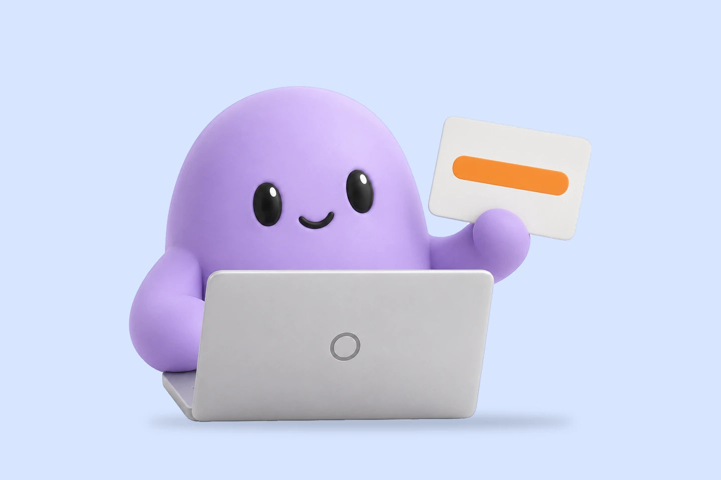 Reggie holds up a card with an orange pause bar beside a laptop