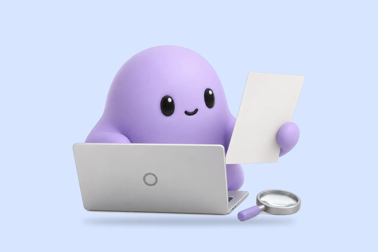Reggie reads a blank ledger sheet beside a laptop and a magnifying glass