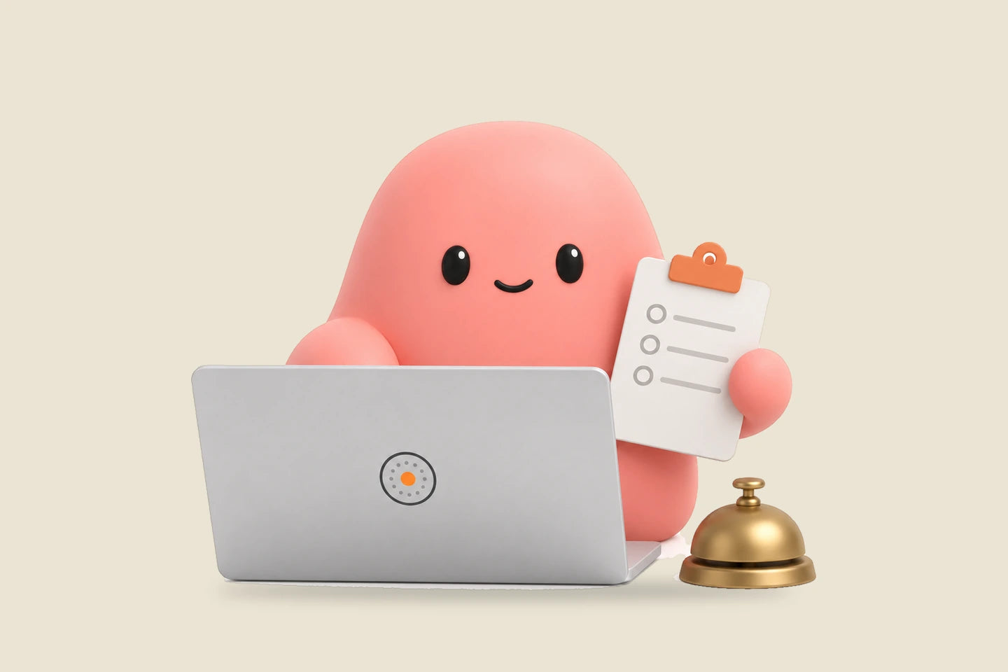 Olivia holds a clipboard with a short blank list beside a laptop and a small desk bell