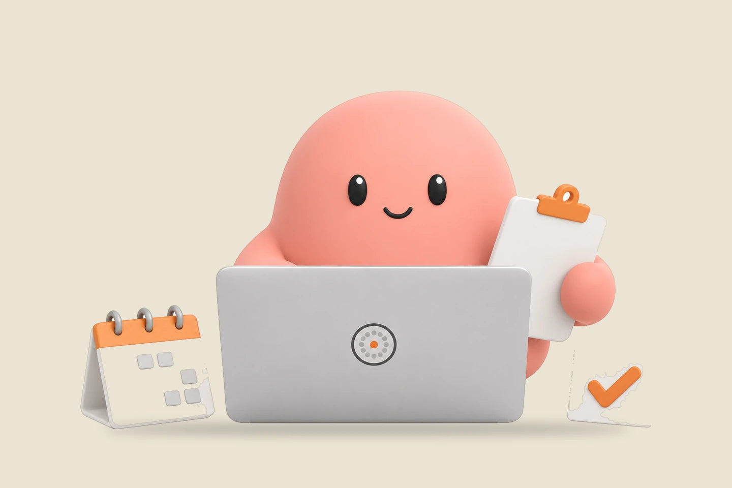Olivia beside a laptop and a small calendar with one card showing a check mark