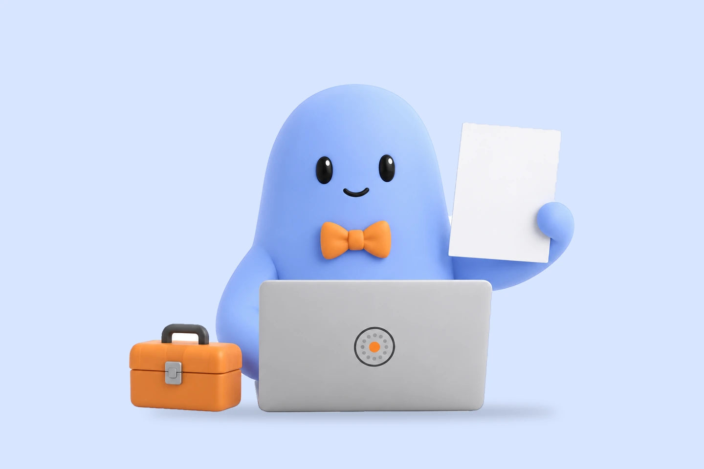 Cody with an orange bow tie holds an estimate sheet beside a laptop and a small toolbox