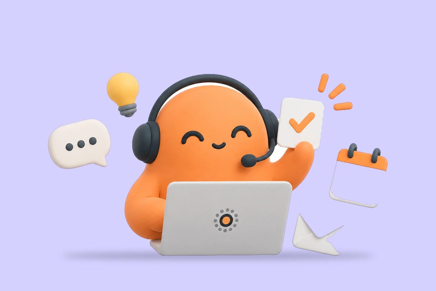 Mia in a headset holds up a check card beside a laptop, a chat bubble and a small calendar