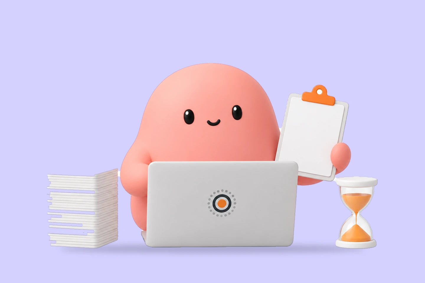 Olivia with a clipboard at a laptop beside a tall stack of papers and an hourglass