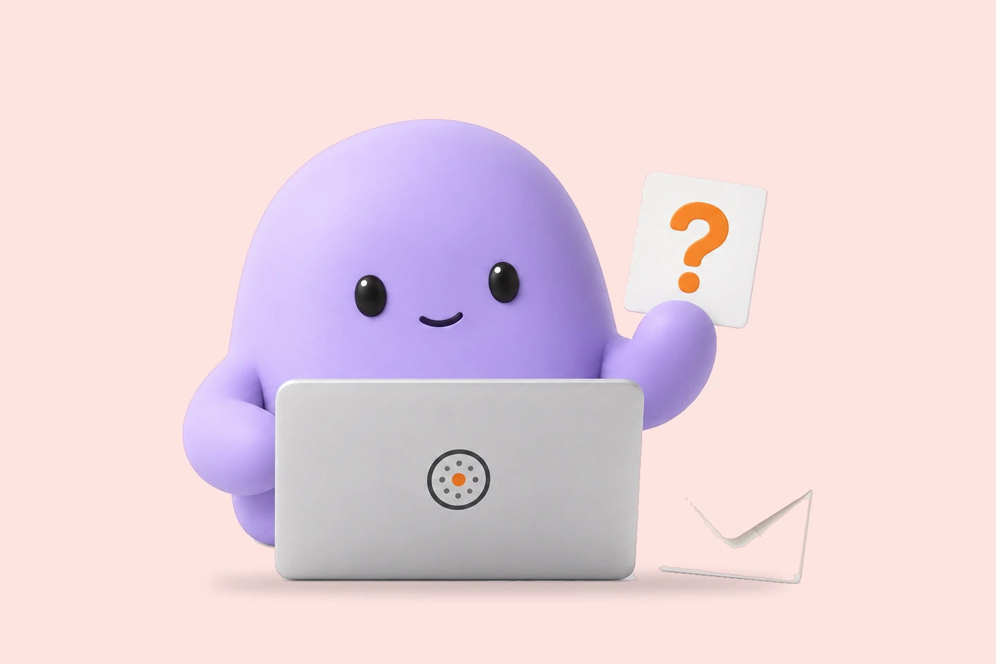 Reggie holds a card with an orange question mark beside a laptop and an envelope