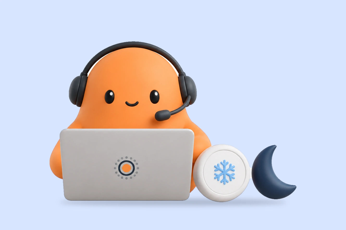 Mia in a headset at a laptop beside a snowflake disc and a crescent moon