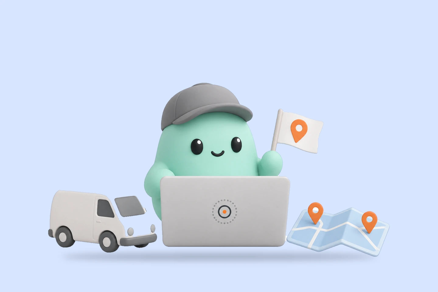 Hank with a map-pin flag at a laptop beside a toy van and a folded map