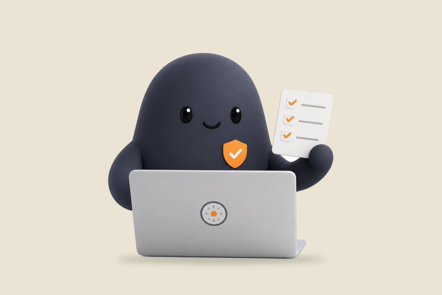Sam beside a laptop holding a checklist card with orange check marks