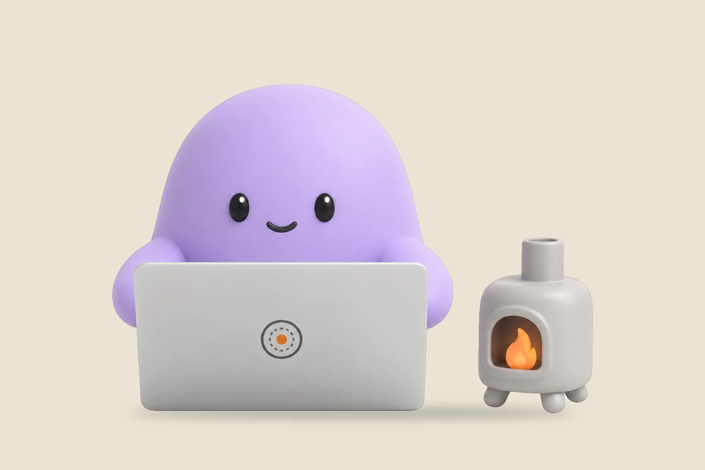 Reggie beside a laptop and a small toy furnace with an orange pilot light