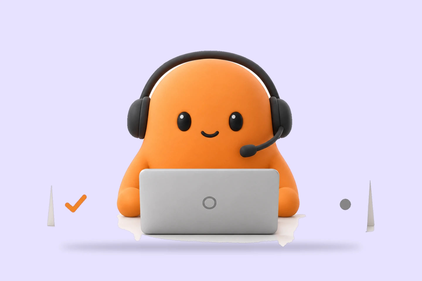 Mia in a headset at a closed laptop between two small cards, one with an orange check and one with a gray dot