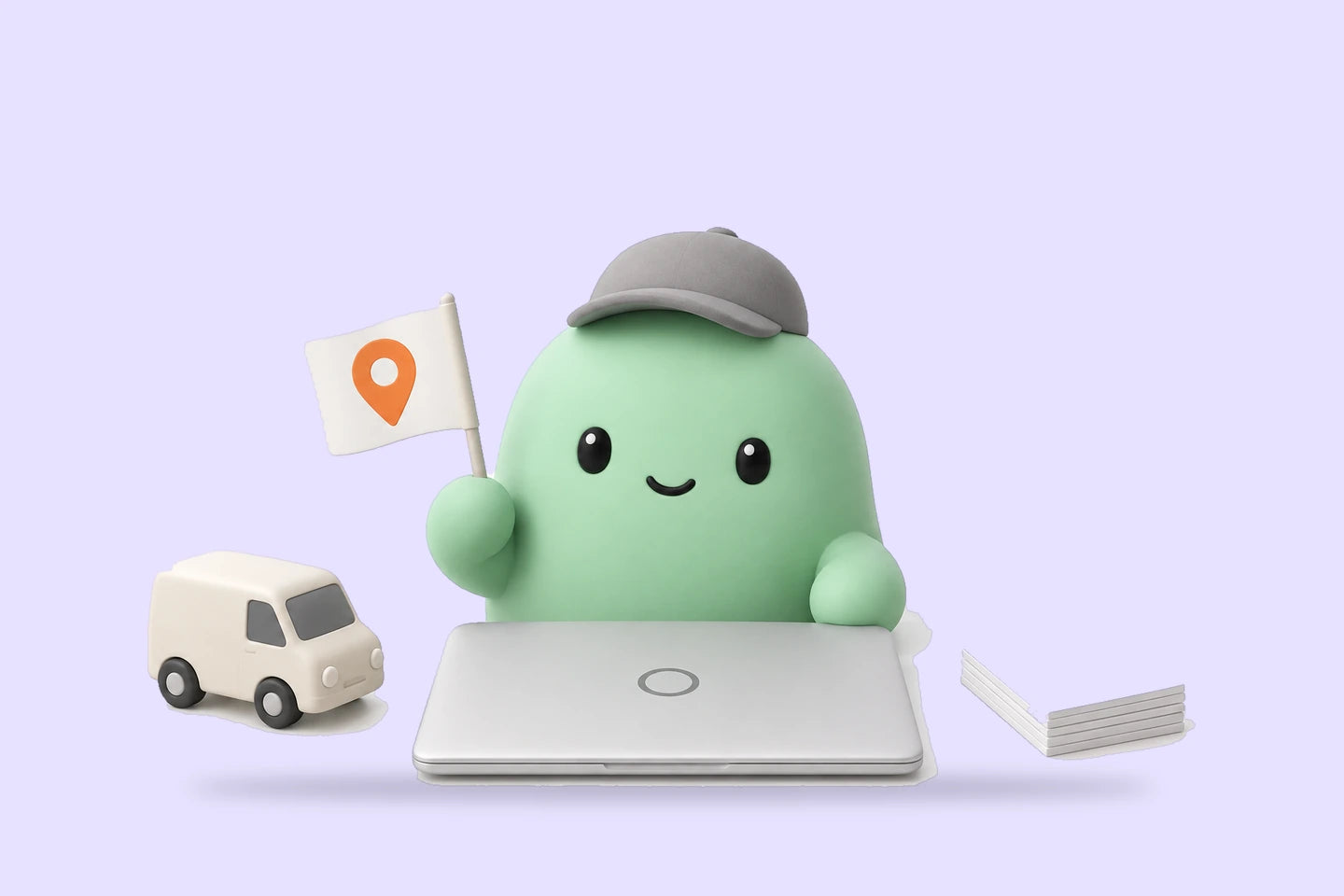 Hank with a map-pin flag at a closed laptop beside a small toy van and a stack of job sheets