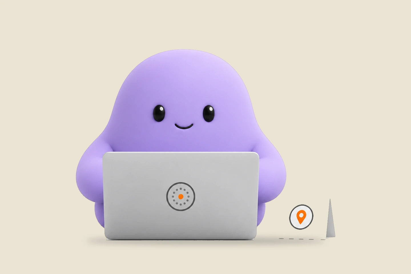 Reggie beside a laptop and a card with a circle drawn around an orange pin