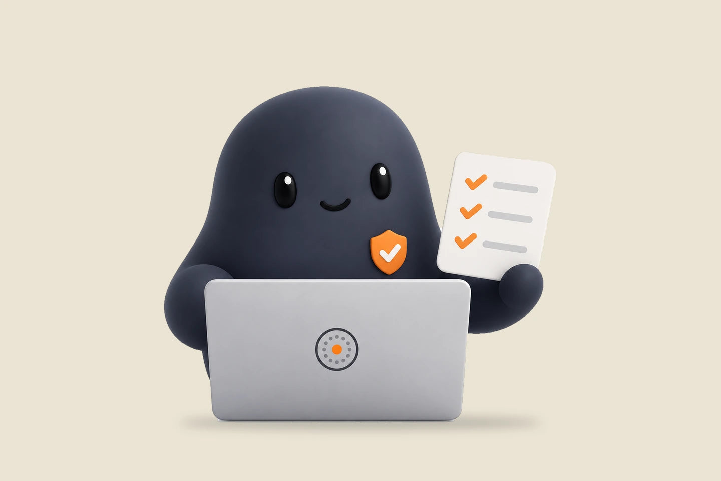 Sam holds a checklist card with orange check marks beside a laptop