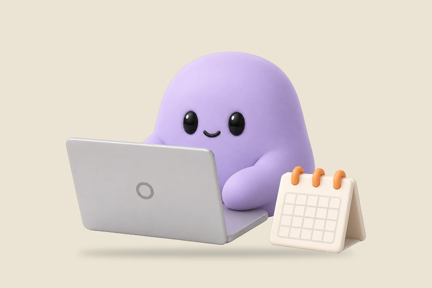 Reggie beside a laptop and a calendar with three orange pins