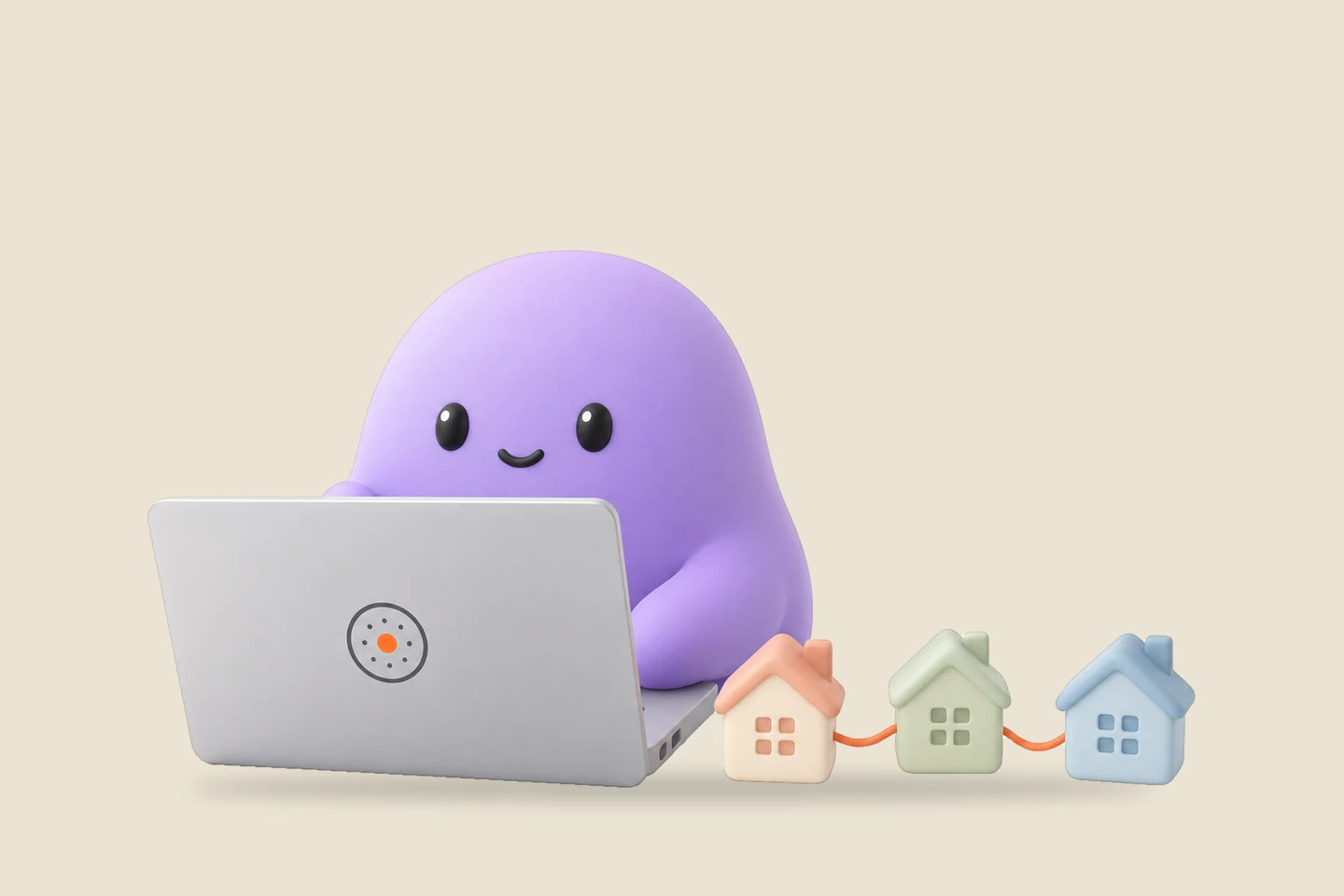 Reggie beside a laptop and three small toy houses linked by an orange thread