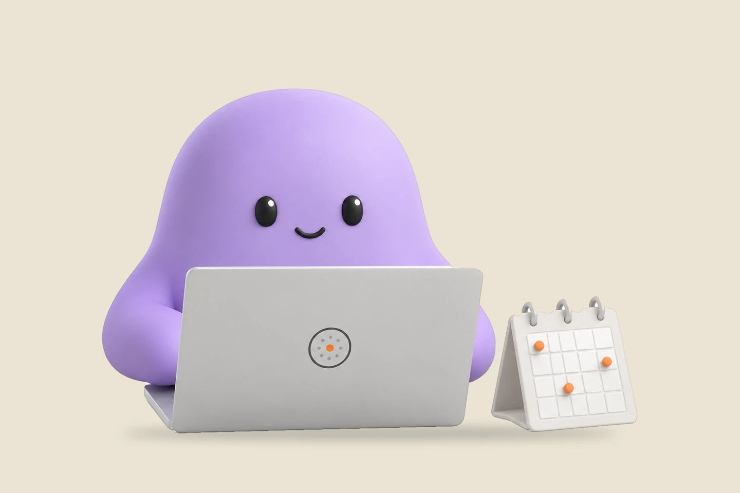 Reggie beside a laptop and a small calendar with orange pins