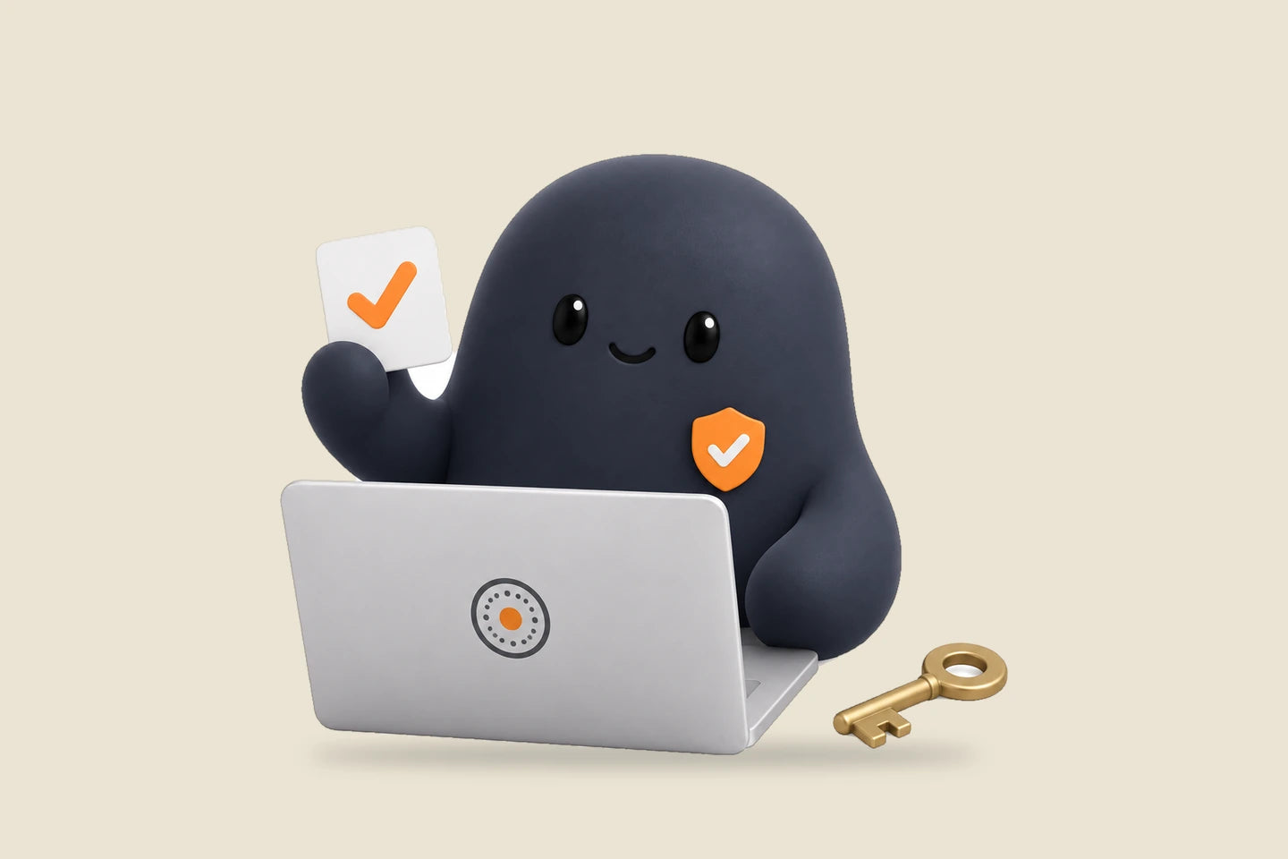 Sam holds a card with a check mark beside a laptop and a key
