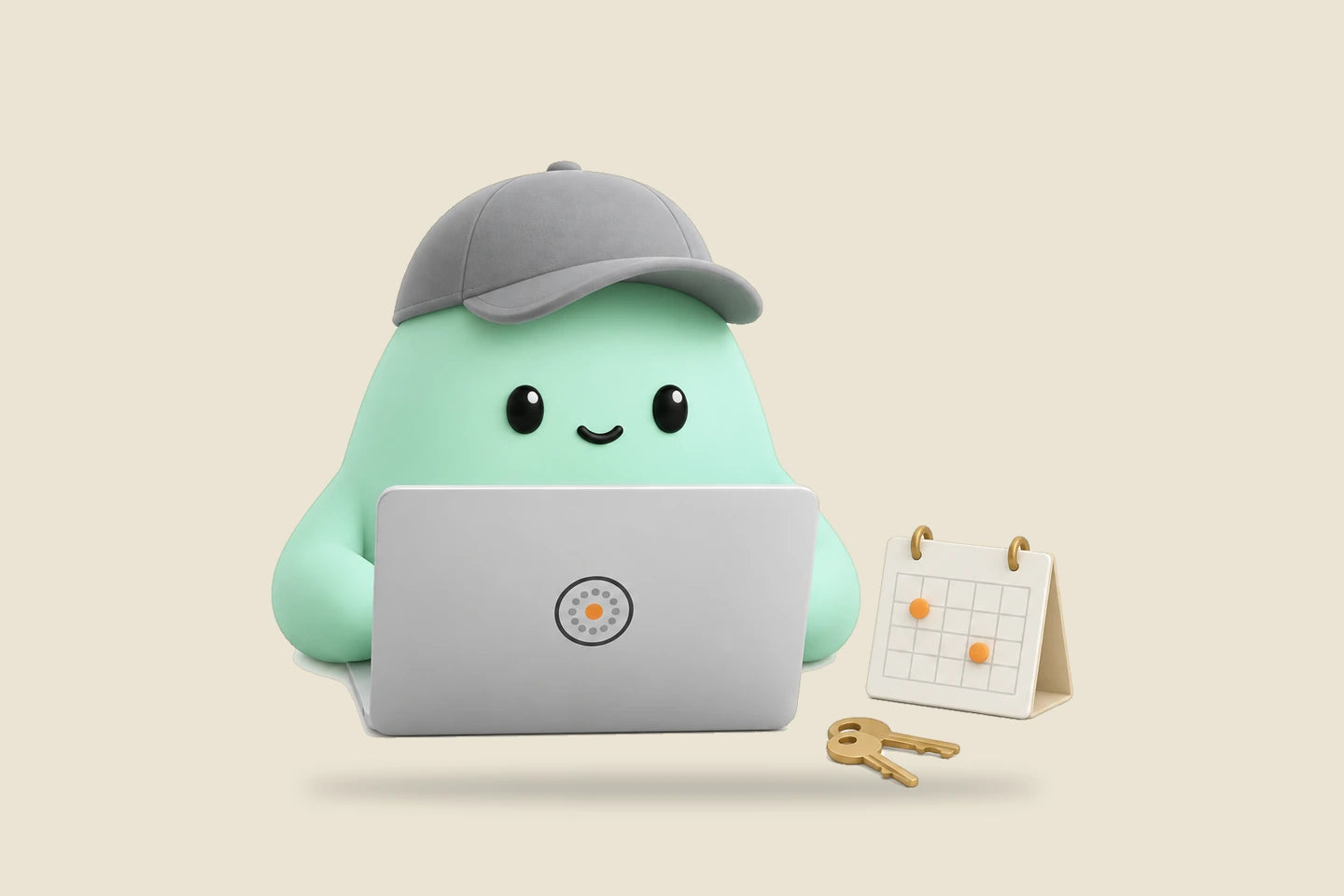 Hank beside a laptop, a calendar with two orange pins and two keys