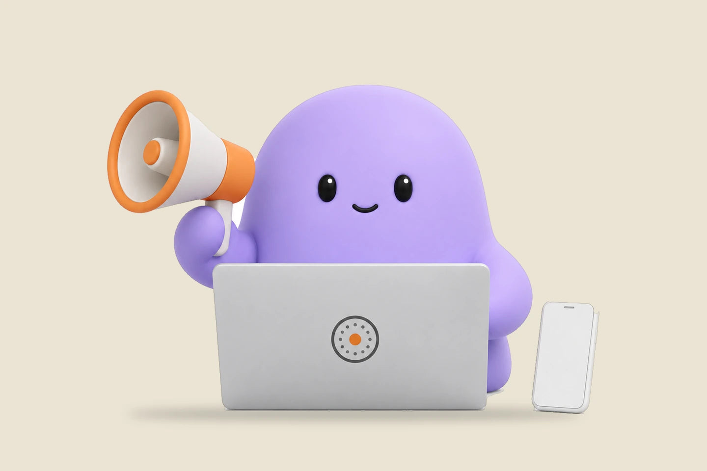 Reggie with a megaphone beside a laptop and a small phone with a blank screen
