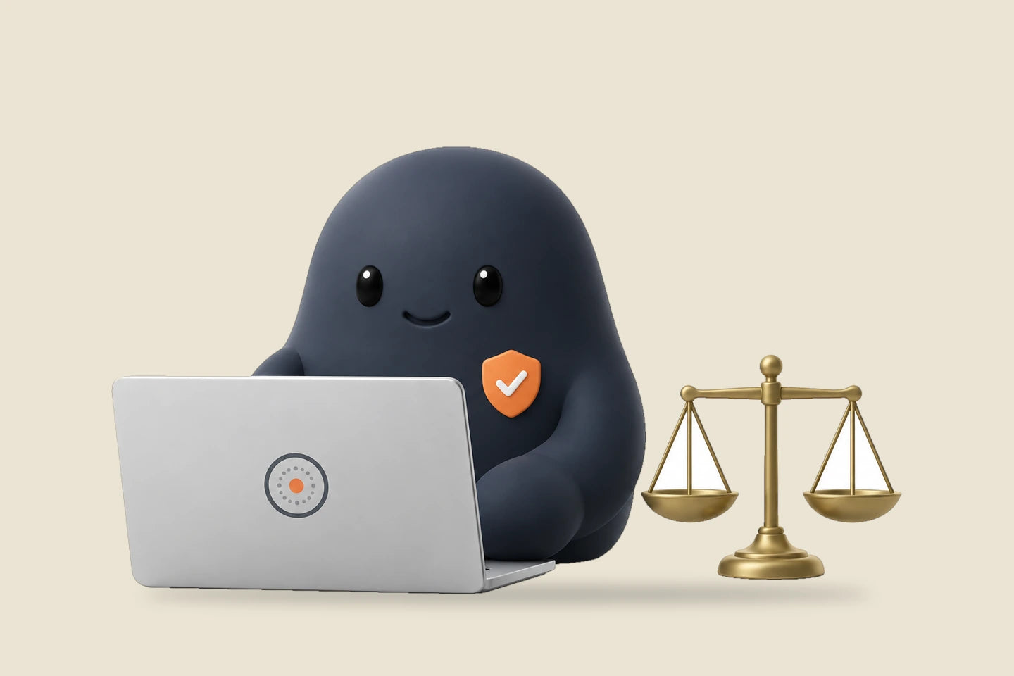 Sam with a shield badge beside a laptop and a small balance scale