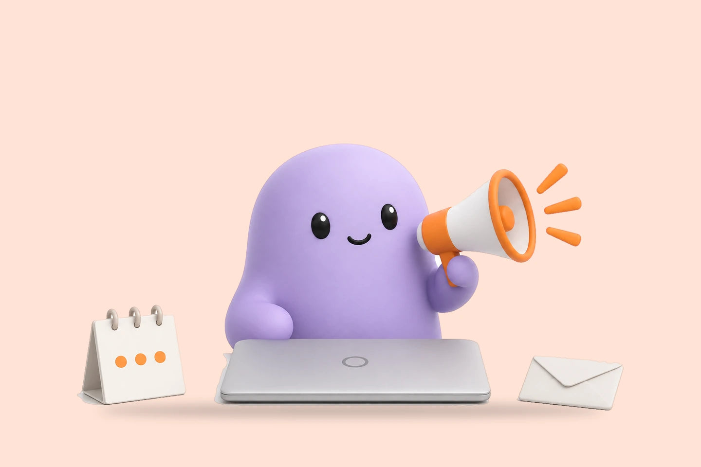 Reggie with a megaphone beside a closed laptop, a small desk calendar and an envelope