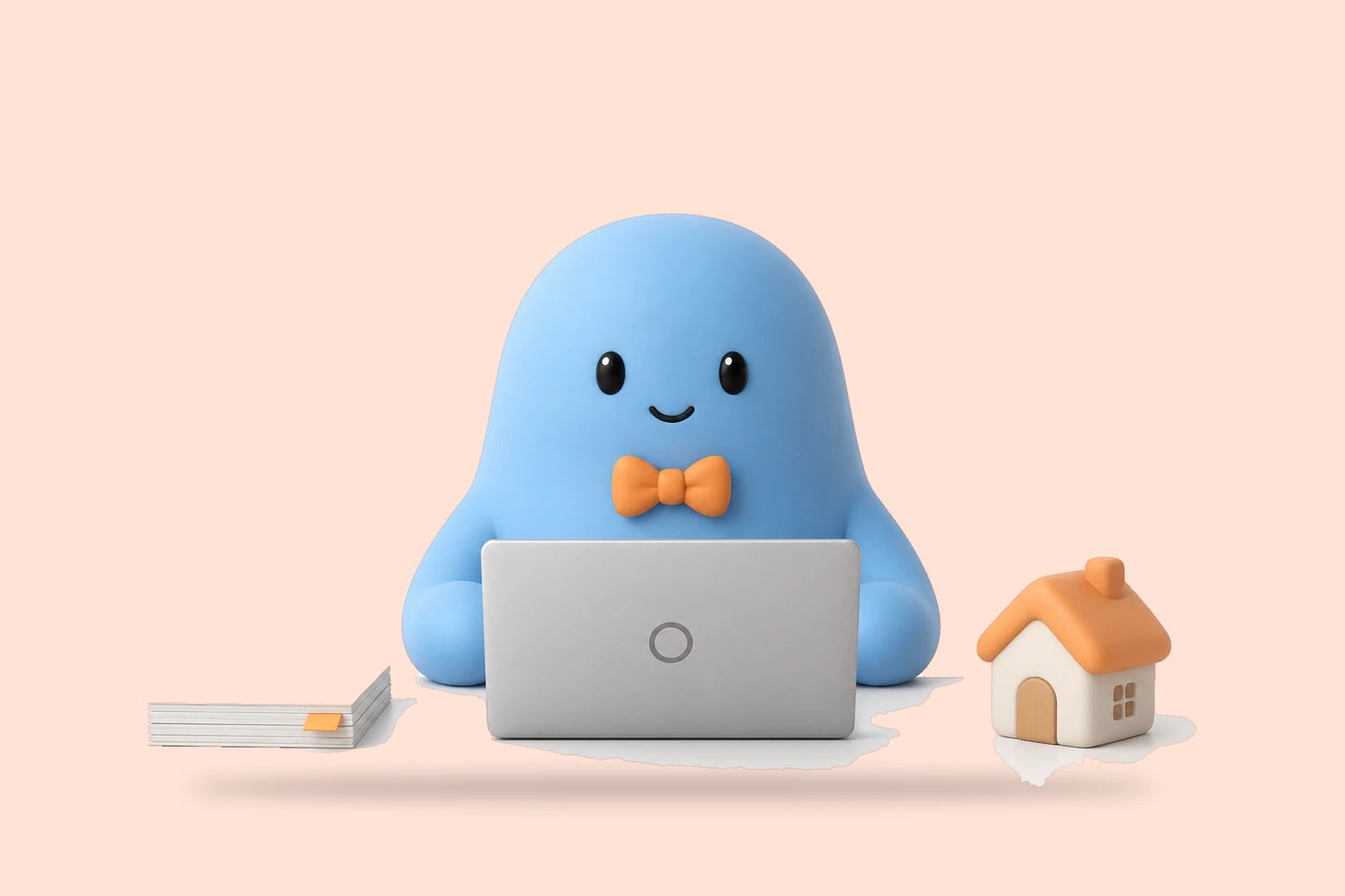 Cody in a bow tie at a laptop beside a stack of quote sheets and a small toy house with an orange roof