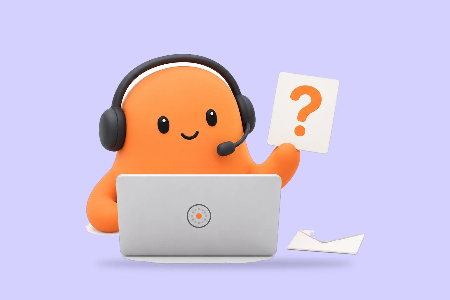 Mia in a headset holds up a card with a question mark beside a laptop and an envelope