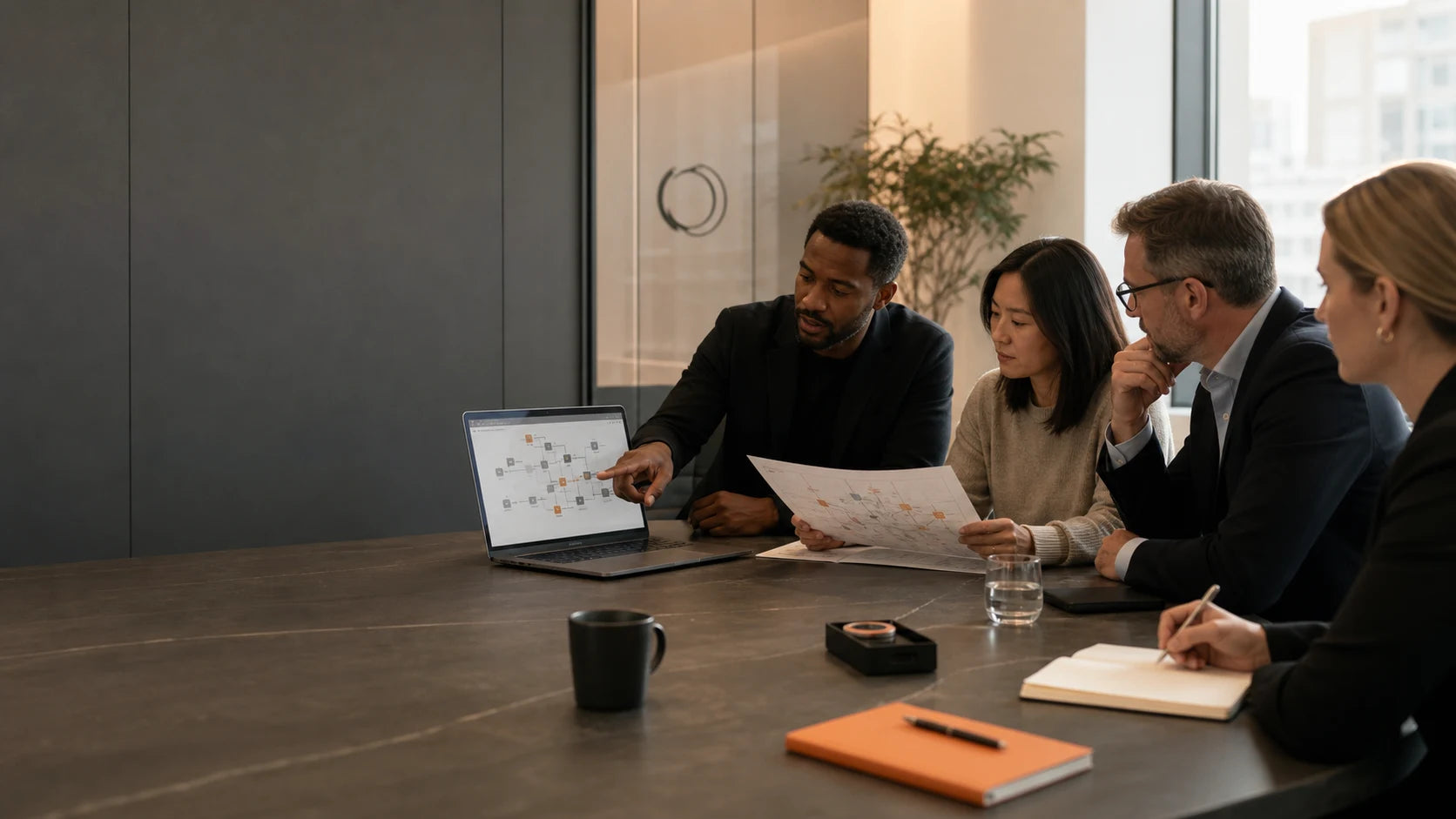 Enterprise operations and security leaders reviewing an AI employee workflow together in a boardroom