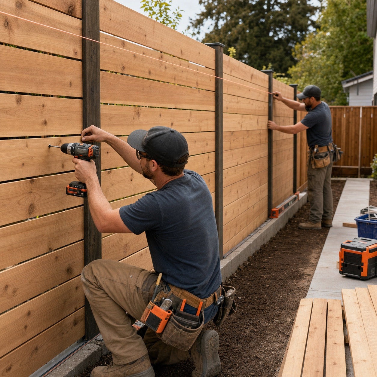 Fence installers securing a cedar privacy fence at a residential property