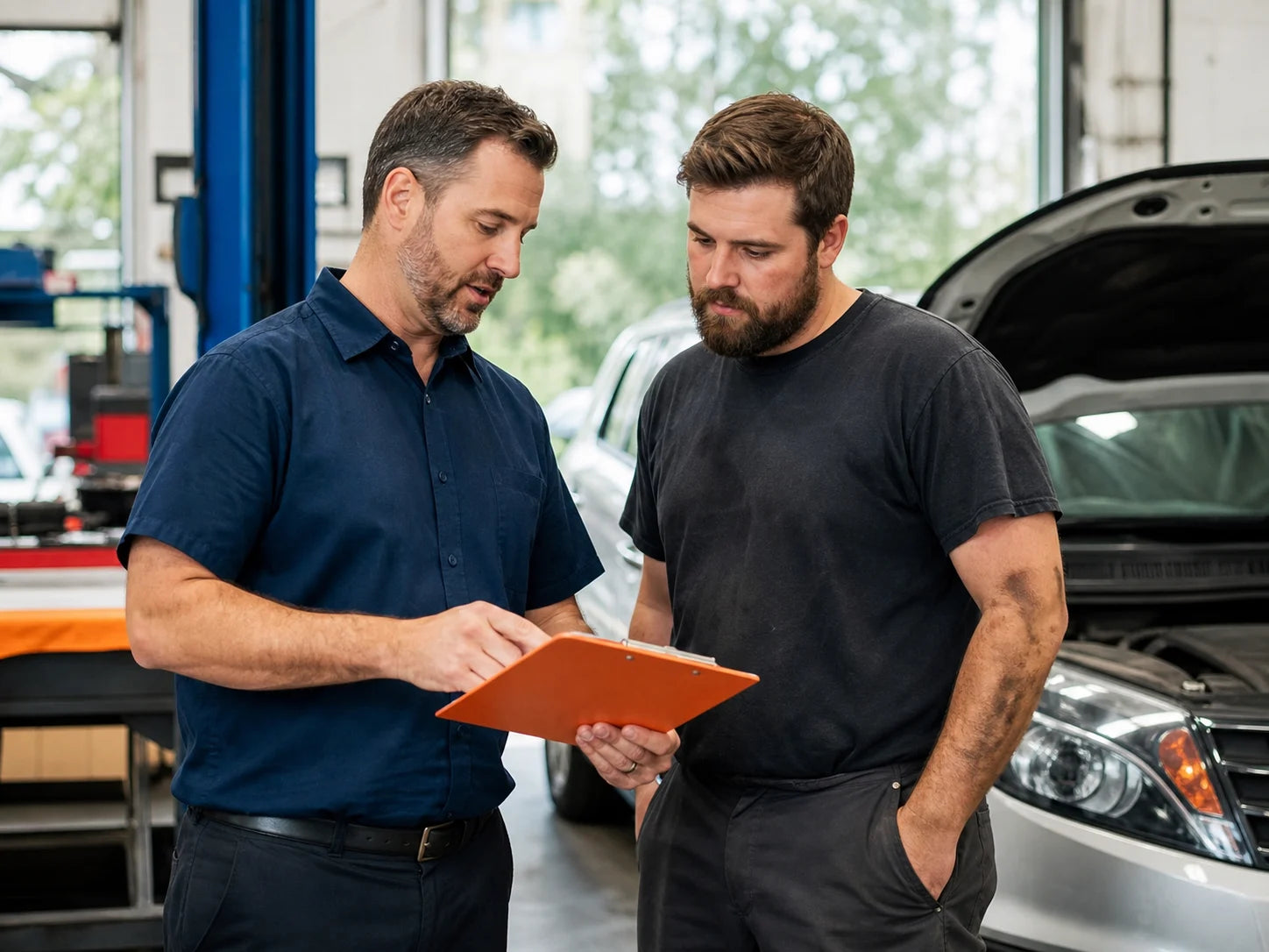 Service advisor and technician reviewing an auto repair work order