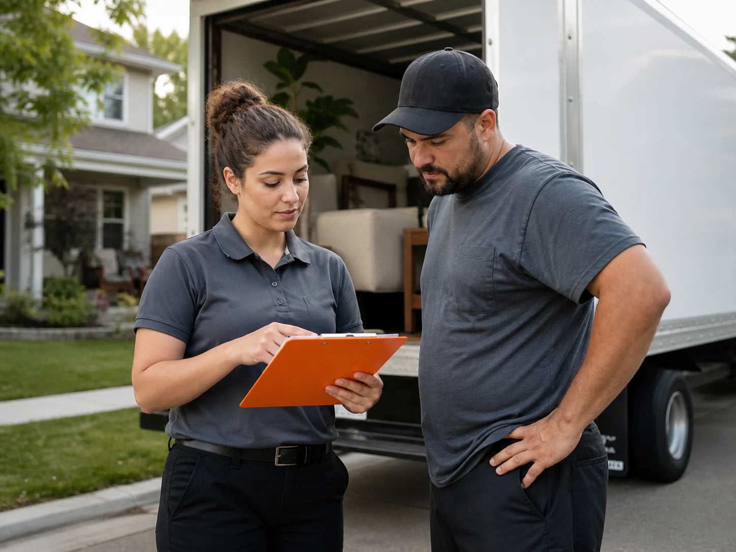 Moving company dispatcher and crew lead reviewing a residential move plan