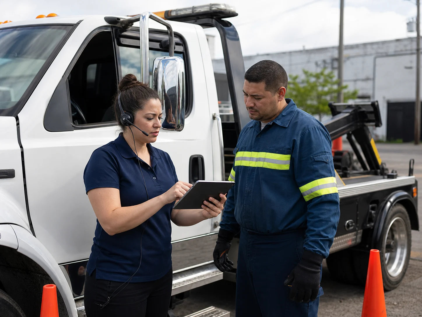 Roadside dispatcher and tow operator preparing a customer job