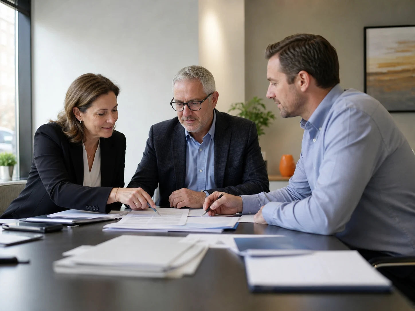 Accountant and business owner organizing close-ready client documents