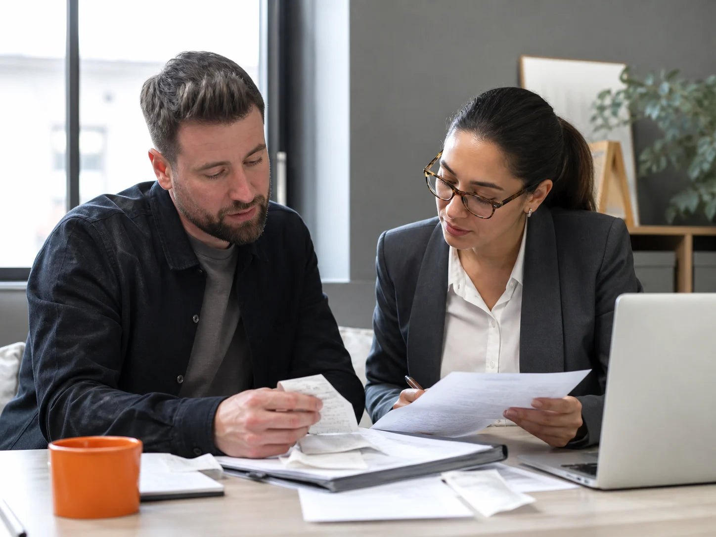 Bookkeeper and business owner organizing month-end records