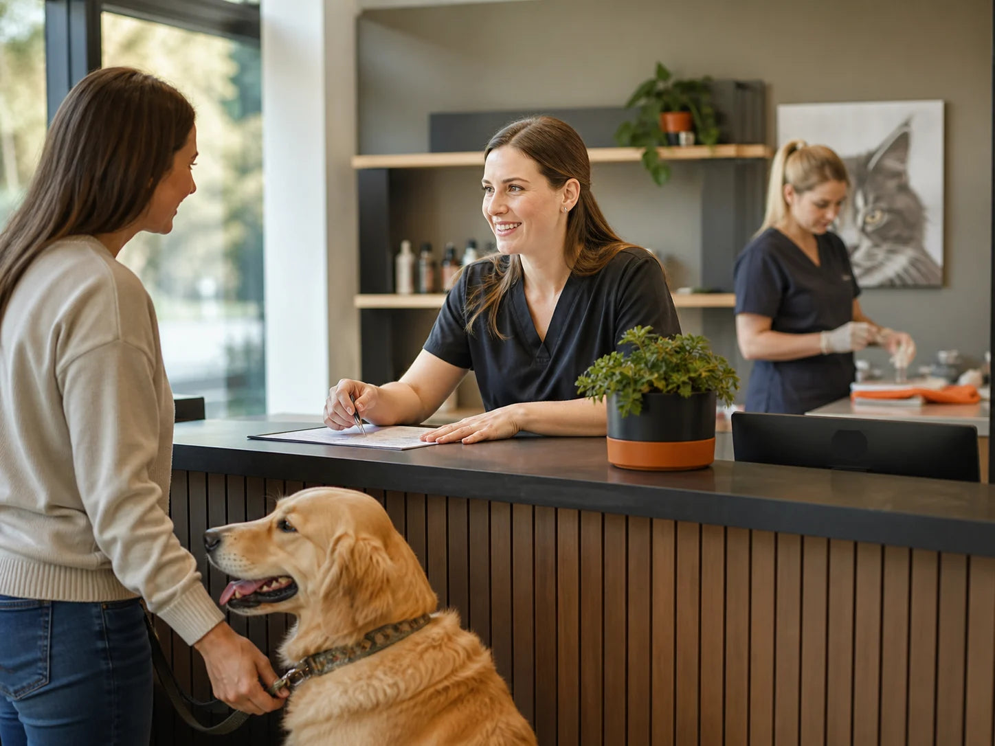 Veterinary clinic coordinator helping a pet owner arrange an appointment