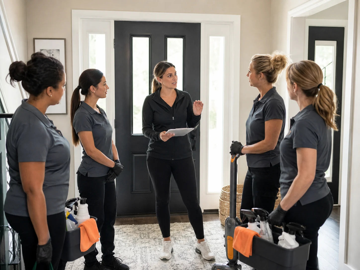 Cleaning company coordinator briefing a residential crew