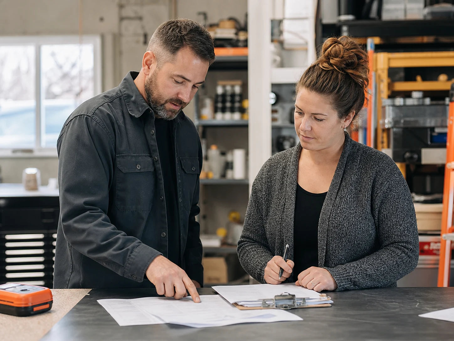 Electrical contractor and coordinator reviewing a residential request
