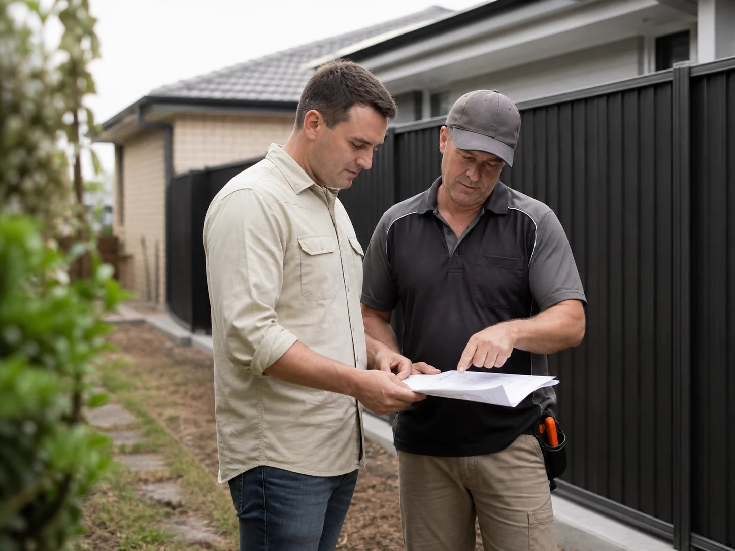 Fencing contractor and homeowner reviewing a measurement plan
