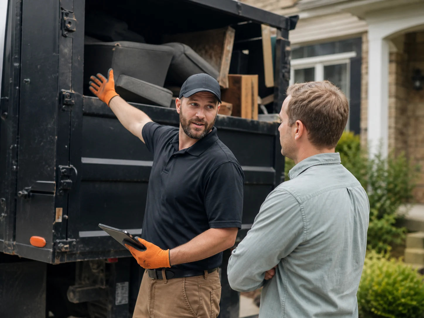 Junk-removal crew lead and homeowner reviewing a pickup plan