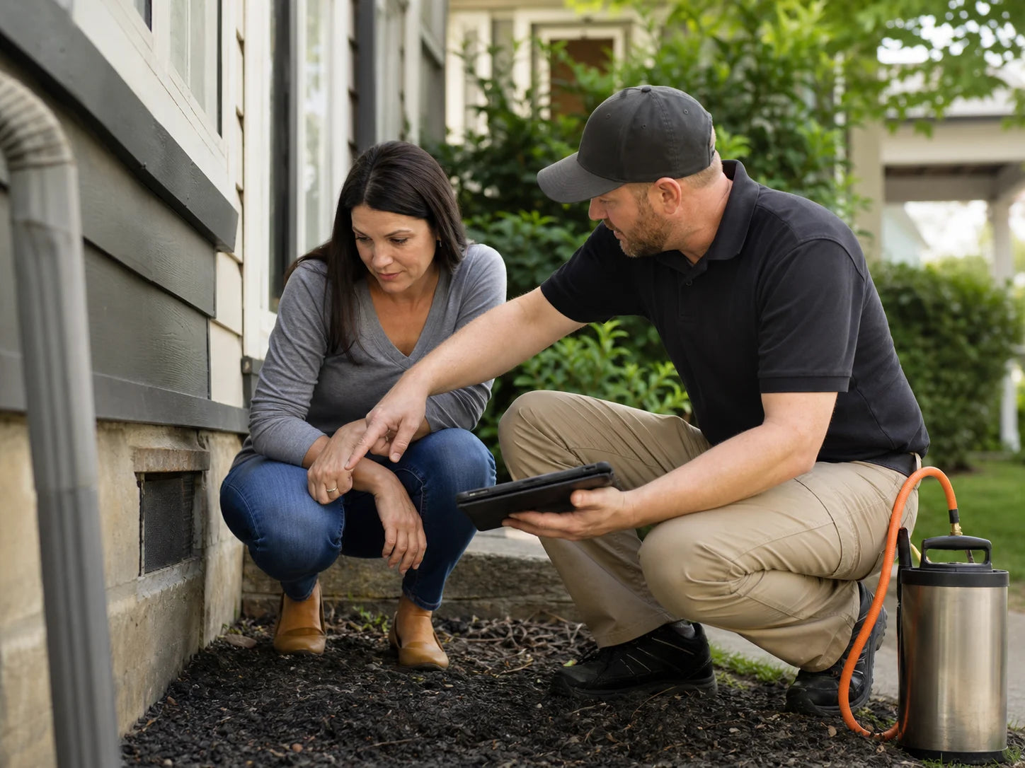 Pest-control technician and homeowner reviewing an inspection finding