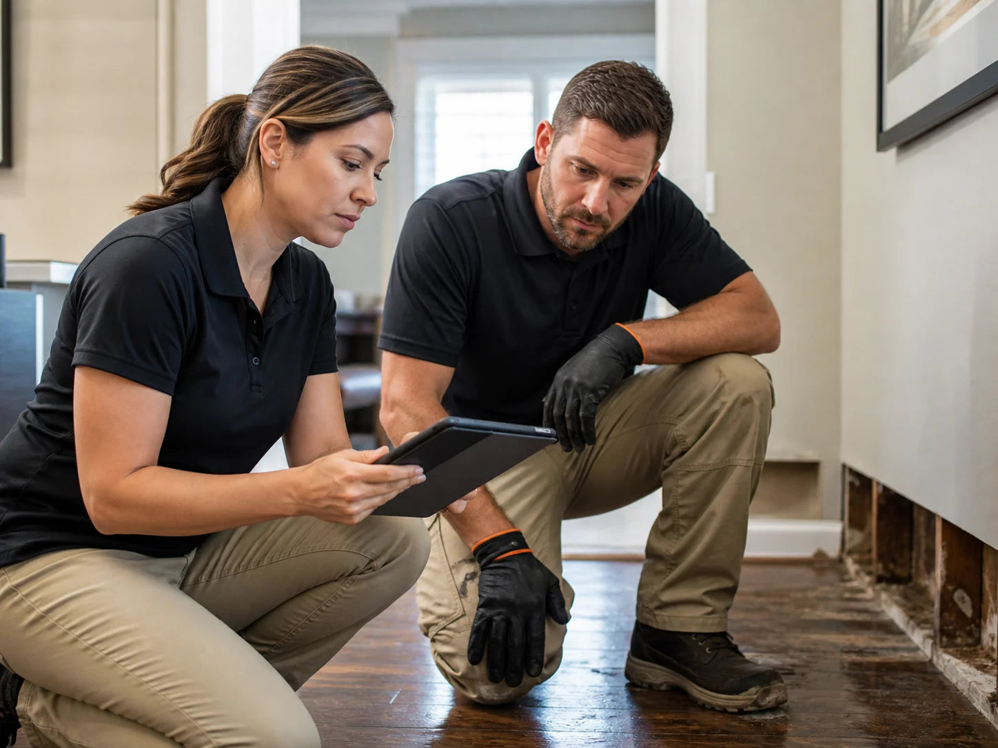 Restoration coordinator and specialist preparing an urgent property response
