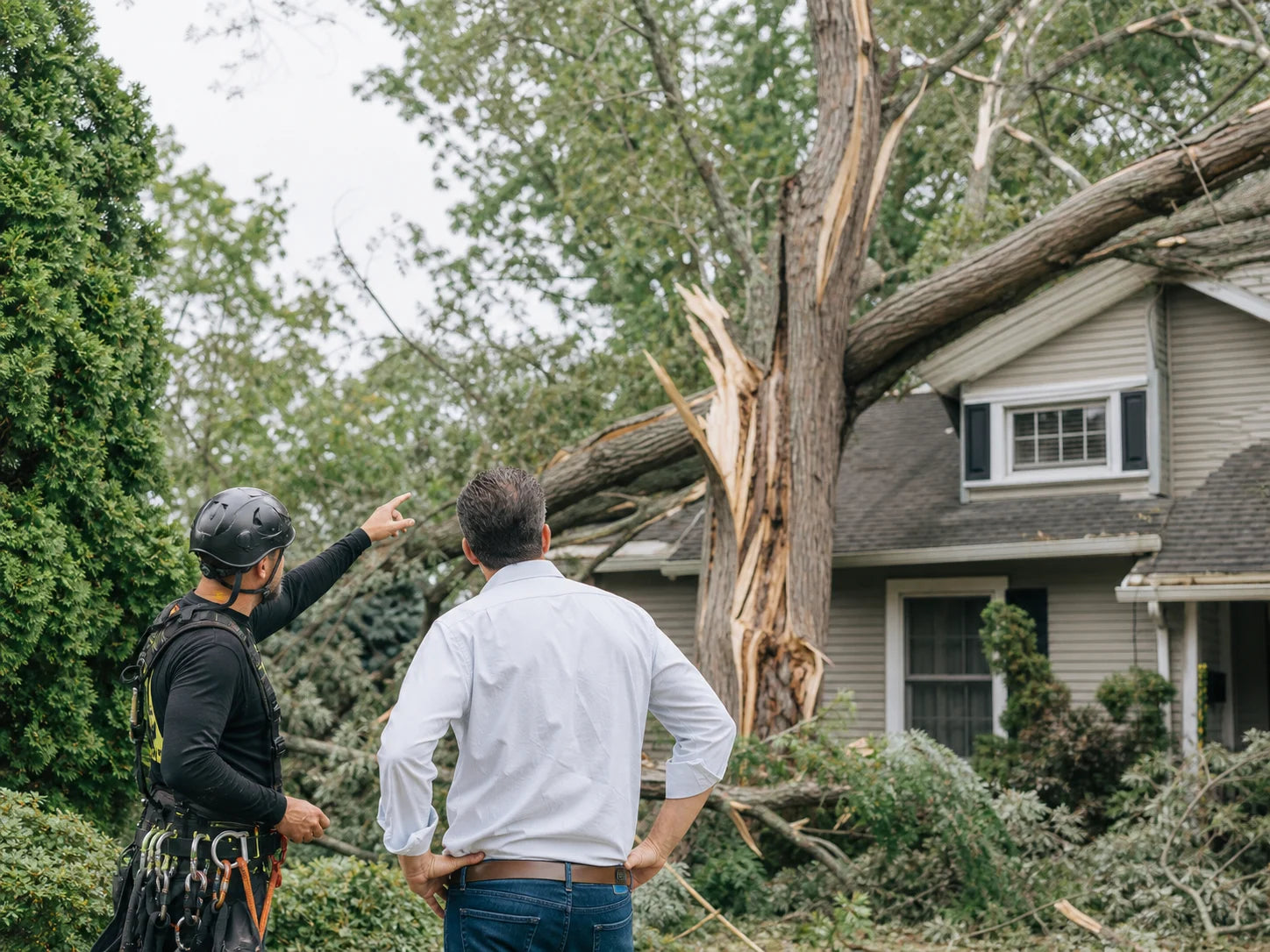 Arborist and homeowner assessing a damaged tree