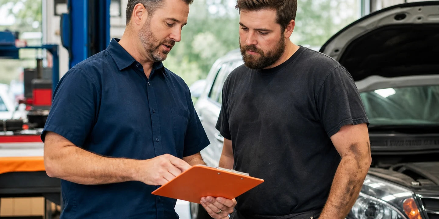 Auto-service advisor and technician reviewing a repair request
