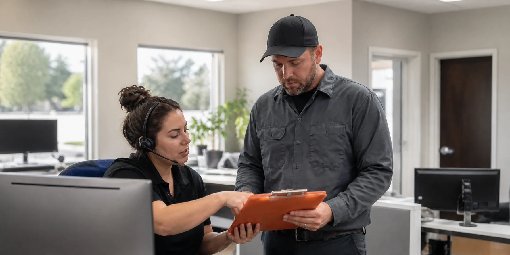 Dispatcher and field technician reviewing a home-service job